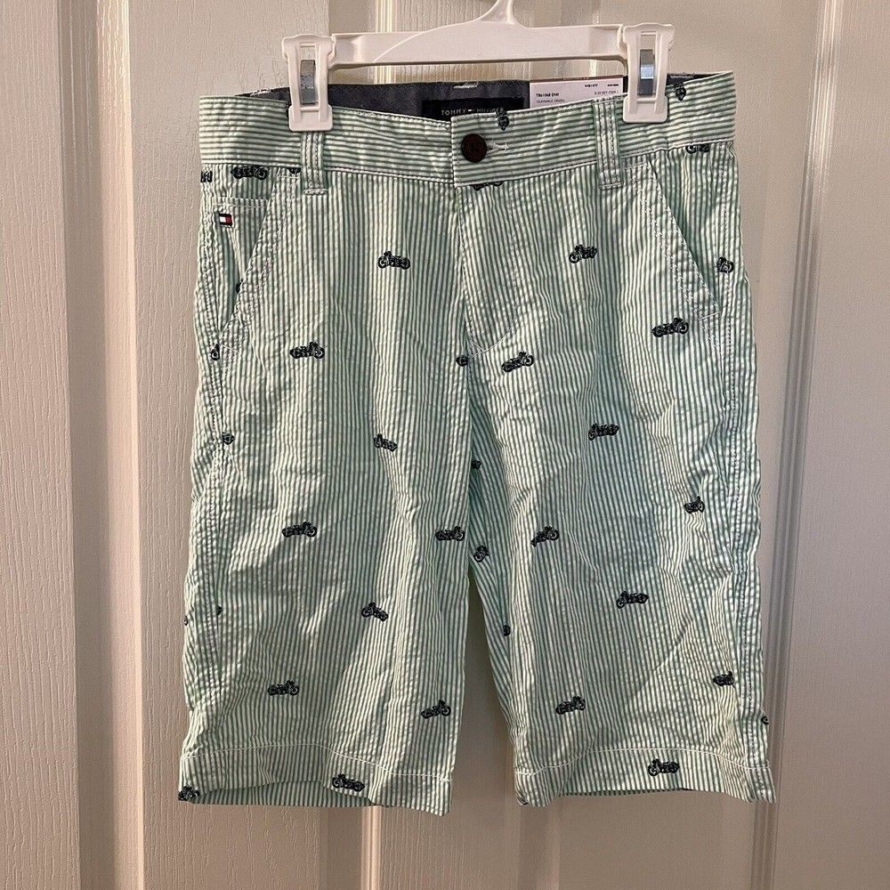 Tommy Hilfiger Green Striped Seersucker Shorts Motorcycle Print Boys Size 12 NWT